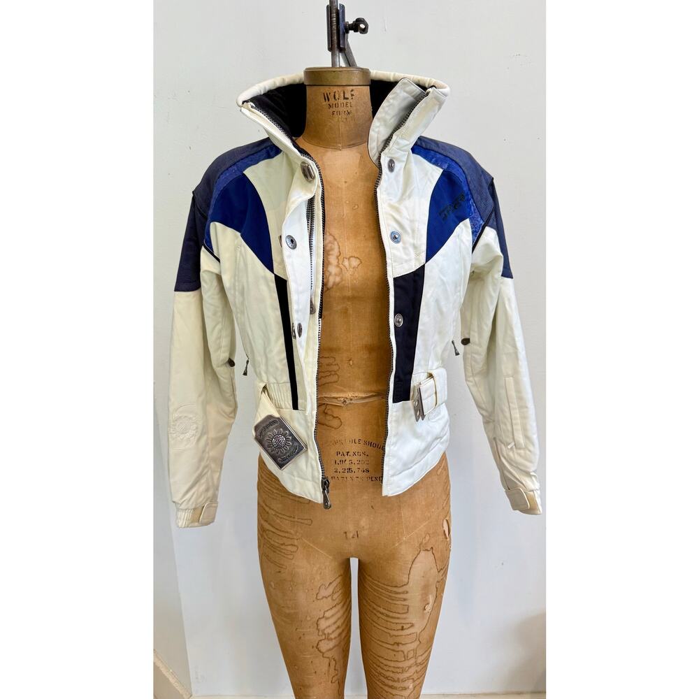 Spyder Ski Jacket Women White Blue Belted Snow Winter Performance Coat size 4
